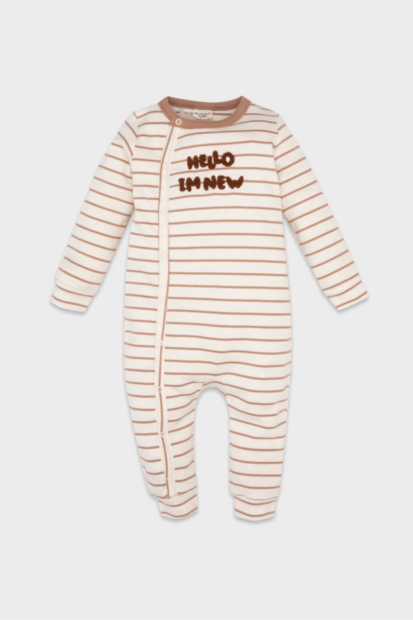 Erkek Bebek Açık Kahve Erkek Bebek Yenidoğan Çıtçıtlı Çizgili Fitilli Kaşkorse Uzun Kollu Tulum
