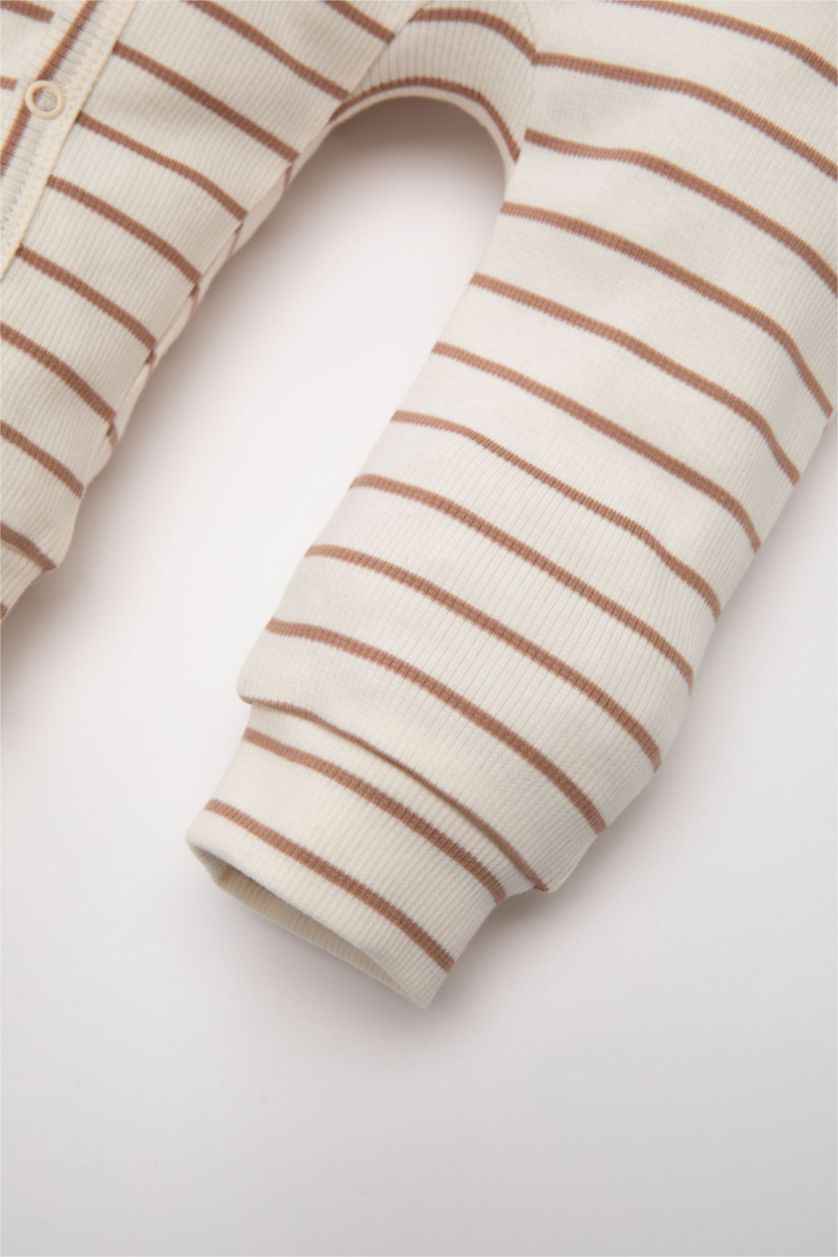 Erkek Bebek Açık Kahve Erkek Bebek Yenidoğan Çıtçıtlı Çizgili Fitilli Kaşkorse Uzun Kollu Tulum