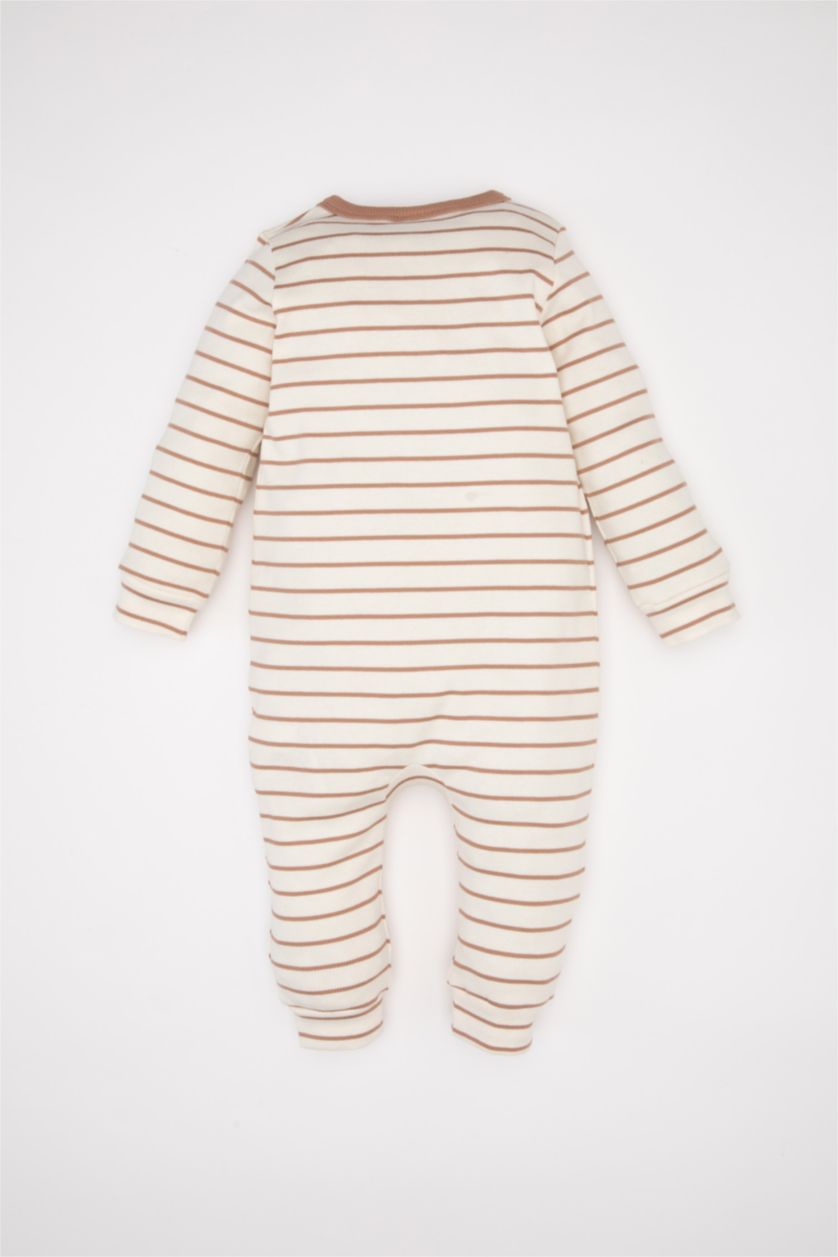 Erkek Bebek Açık Kahve Erkek Bebek Yenidoğan Çıtçıtlı Çizgili Fitilli Kaşkorse Uzun Kollu Tulum