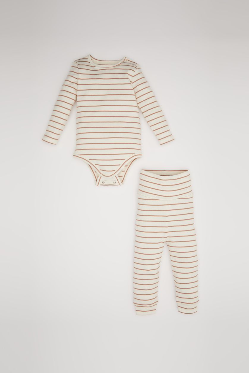 Erkek Bebek Açık Kahve 2'li Takım Çizgili Fitilli Kaşkorse Uzun Kollu Çıtçıtlı Body Beli Lastikli Alt Erkek Bebek