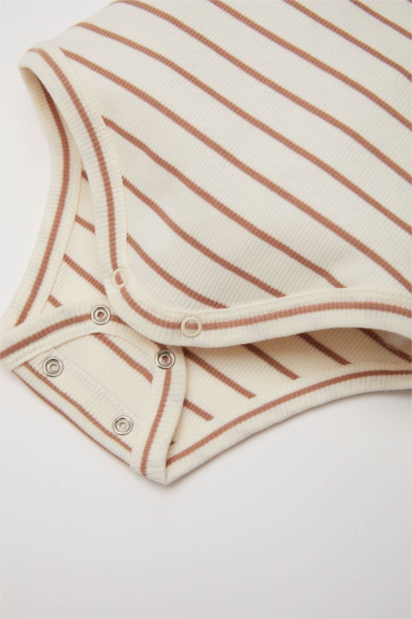 Erkek Bebek Açık Kahve 2'li Takım Çizgili Fitilli Kaşkorse Uzun Kollu Çıtçıtlı Body Beli Lastikli Alt Erkek Bebek