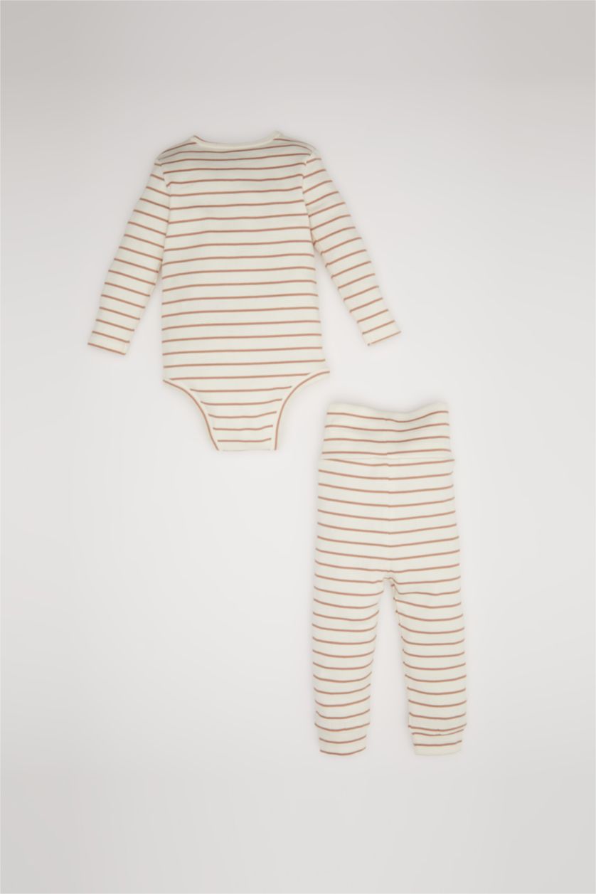Erkek Bebek Açık Kahve 2'li Takım Çizgili Fitilli Kaşkorse Uzun Kollu Çıtçıtlı Body Beli Lastikli Alt Erkek Bebek