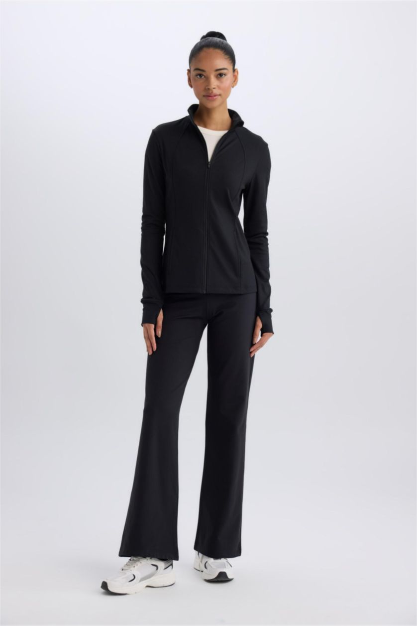 حريمي أسود كارديجان رياضي سليم فيت بياقة عالية بسحاب من DeFactoFit