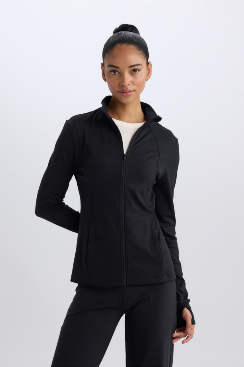 حريمي أسود كارديجان رياضي سليم فيت بياقة عالية بسحاب من DeFactoFit