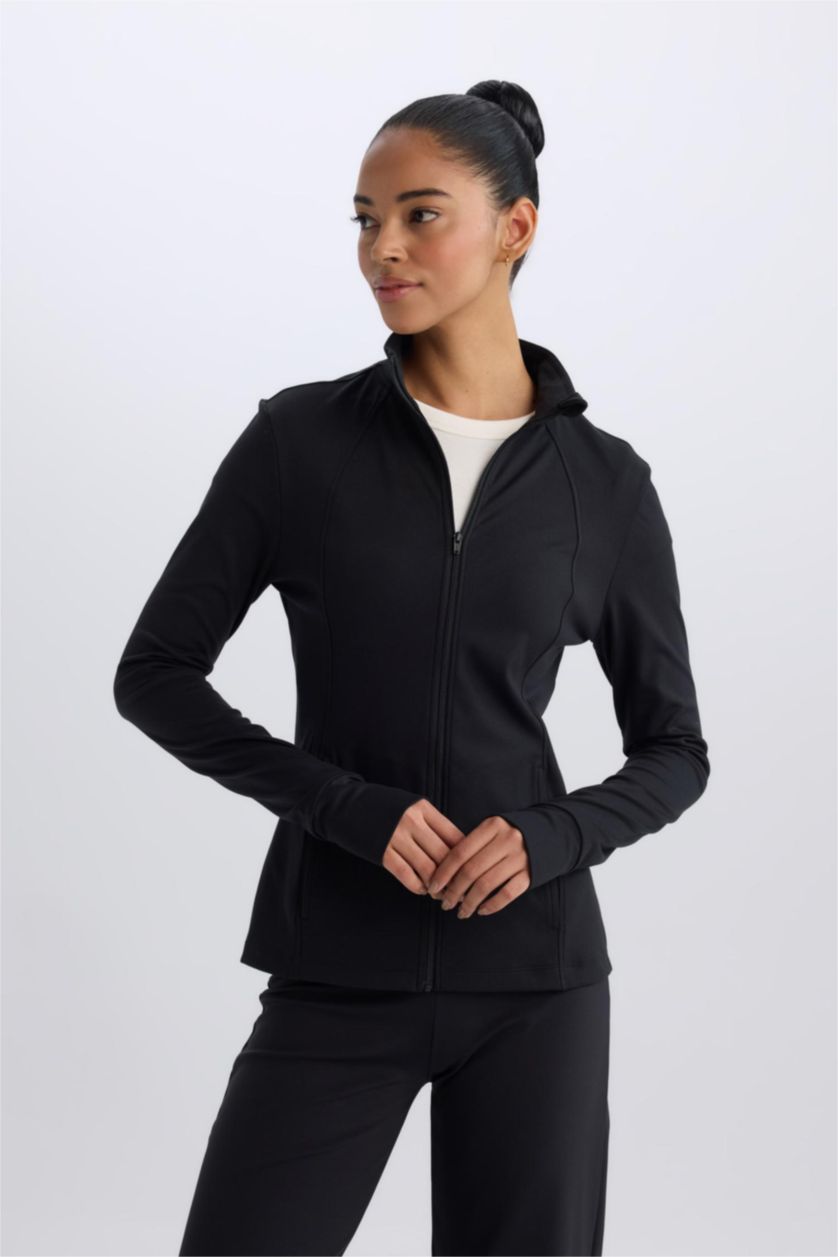 حريمي أسود كارديجان رياضي سليم فيت بياقة عالية بسحاب من DeFactoFit
