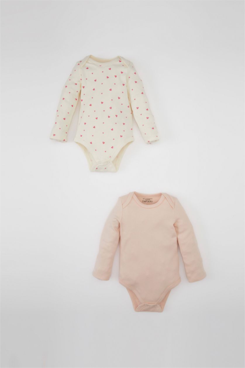 Kız Bebek Ekru Kız Bebek Yenidoğan Ekru Zarf Yaka Kalp Desenli 2'li Uzun Kollu Çıtçıtlı Body