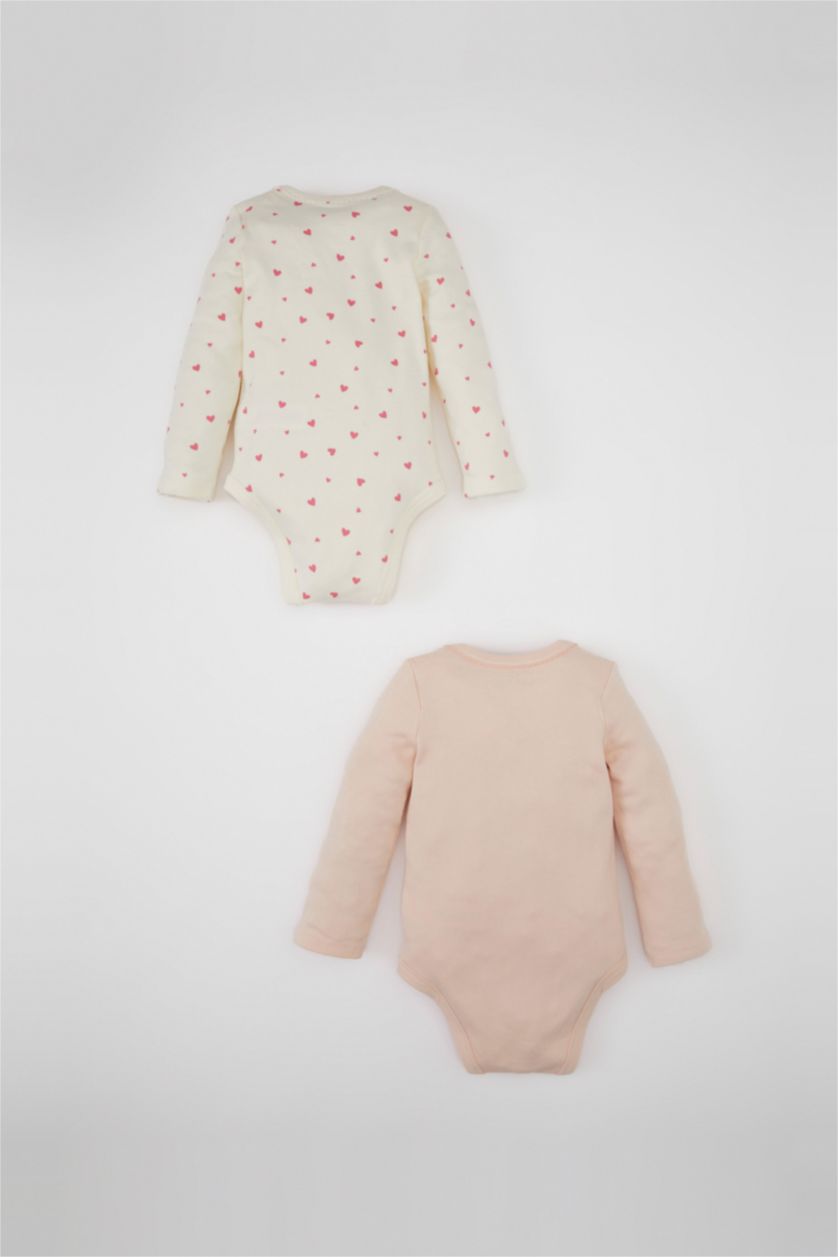 Kız Bebek Ekru Kız Bebek Yenidoğan Ekru Zarf Yaka Kalp Desenli 2'li Uzun Kollu Çıtçıtlı Body