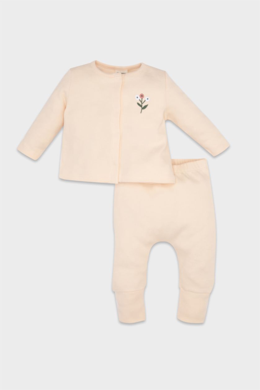 Kız Bebek Kum Kız Bebek 2'li Takım Nakışlı Çıtçıtlı Fitilli Kaşkorse Hırka Beli Lastikli Alt