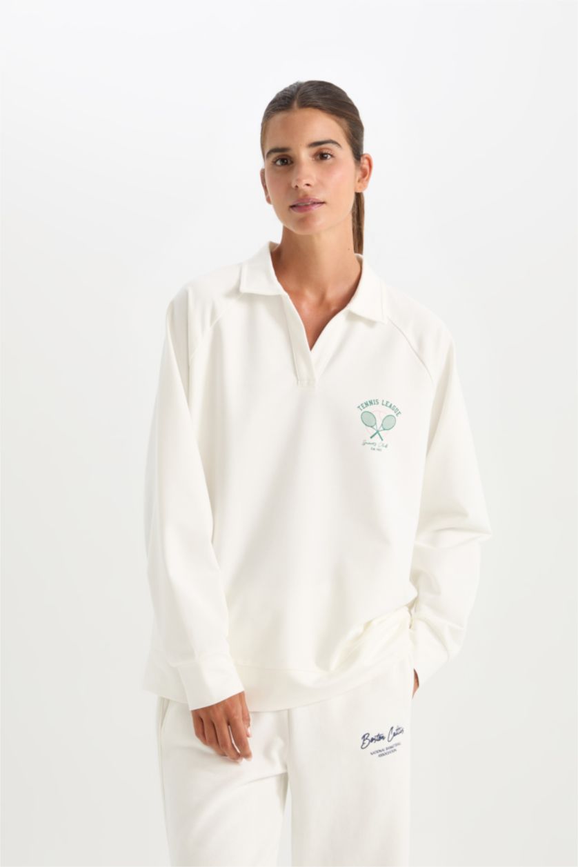 نساء بيج فاتح سويت شيرت رياضي واسع برقبة بولو