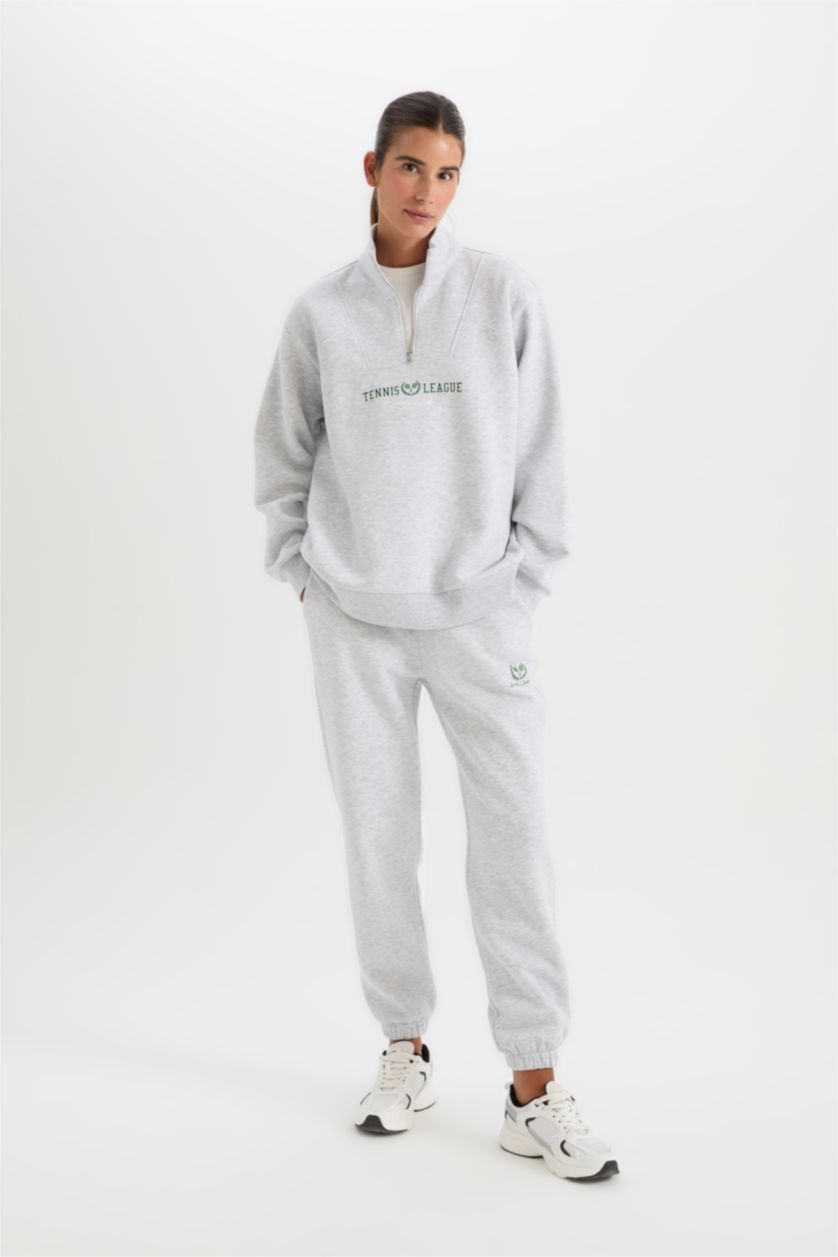 Kadın Gri Melanj Oversize Geniş Kalıp Dik Yaka Spor Baskılı Sporcu Sweatshirt