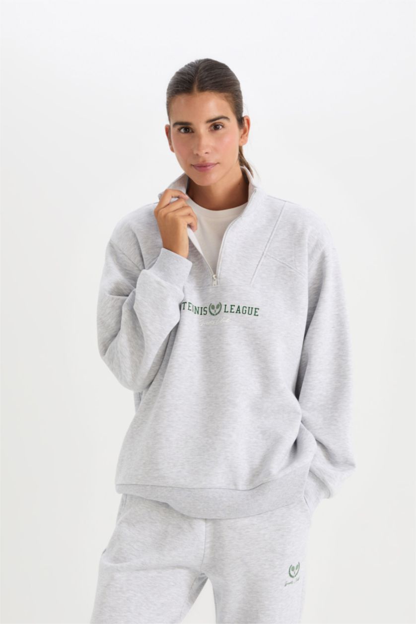 Kadın Gri Melanj Oversize Geniş Kalıp Dik Yaka Spor Baskılı Sporcu Sweatshirt