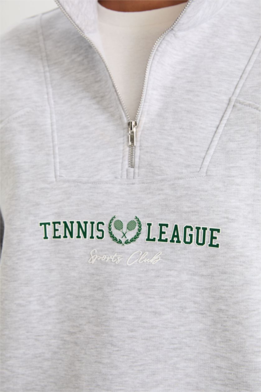 Kadın Gri Melanj Oversize Geniş Kalıp Dik Yaka Spor Baskılı Sporcu Sweatshirt