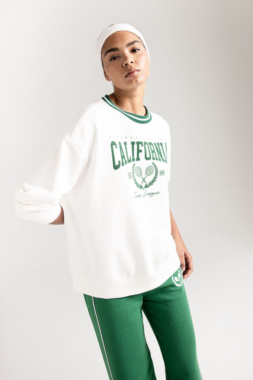 Kadın Ekru DeFactoFit Oversize Geniş Kalıp Bisiklet Yaka Baskılı Sporcu Sweatshirt