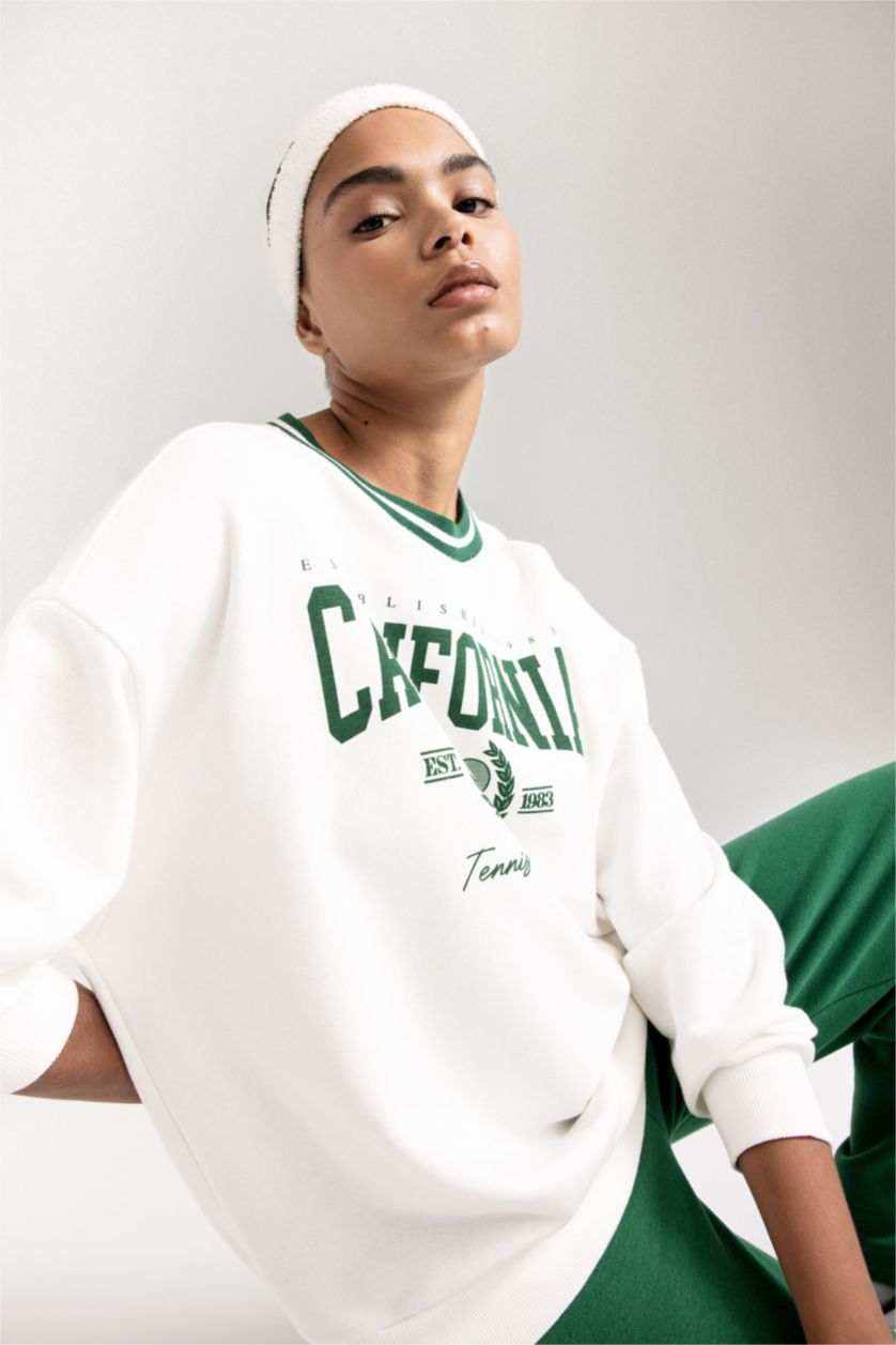 Kadın Ekru DeFactoFit Oversize Geniş Kalıp Bisiklet Yaka Baskılı Sporcu Sweatshirt