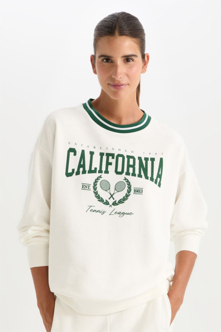 Kadın Ekru DeFactoFit Oversize Geniş Kalıp Bisiklet Yaka Baskılı Sporcu Sweatshirt