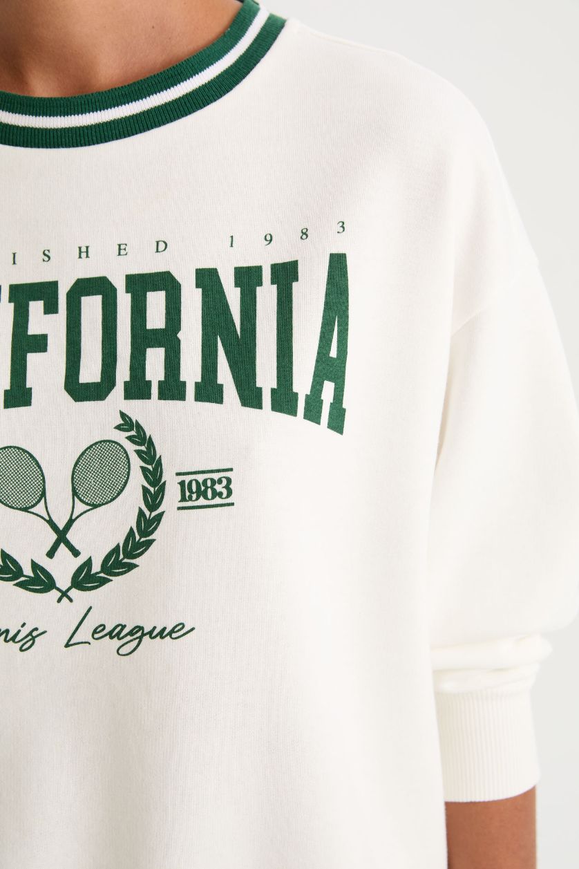 Kadın Ekru DeFactoFit Oversize Geniş Kalıp Bisiklet Yaka Baskılı Sporcu Sweatshirt