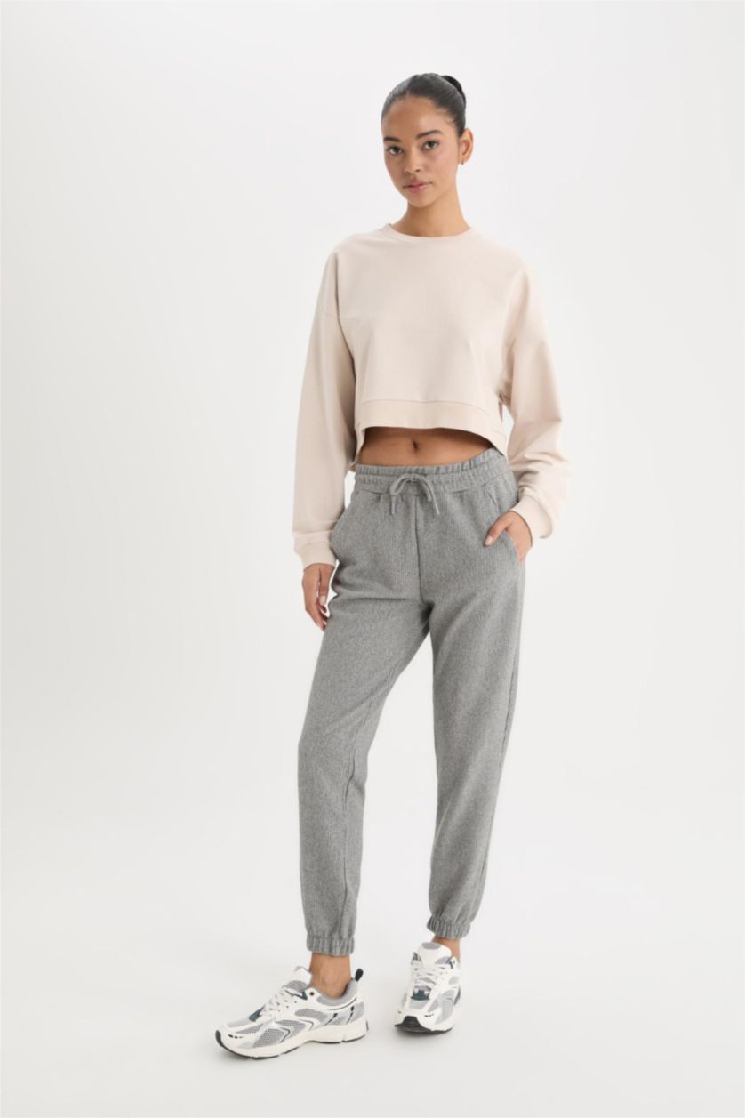 Kadın Gri Melanj Standart Fit Sporcu Jogger Eşofman Altı Beli Paçası Lastikli