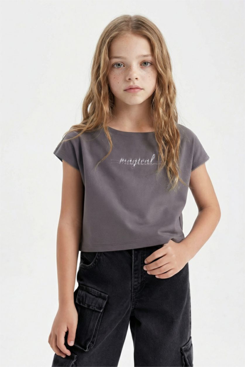 Girls & Teens Anthracite Girl Slogan Printed Side Printed Crop T-Shirt