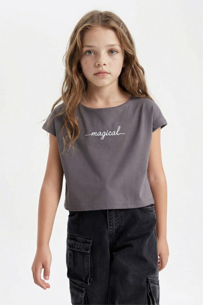 Girls & Teens Anthracite Girl Slogan Printed Side Printed Crop T-Shirt