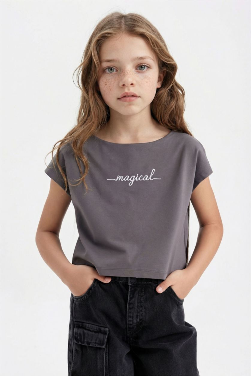 Girls & Teens Anthracite Girl Slogan Printed Side Printed Crop T-Shirt