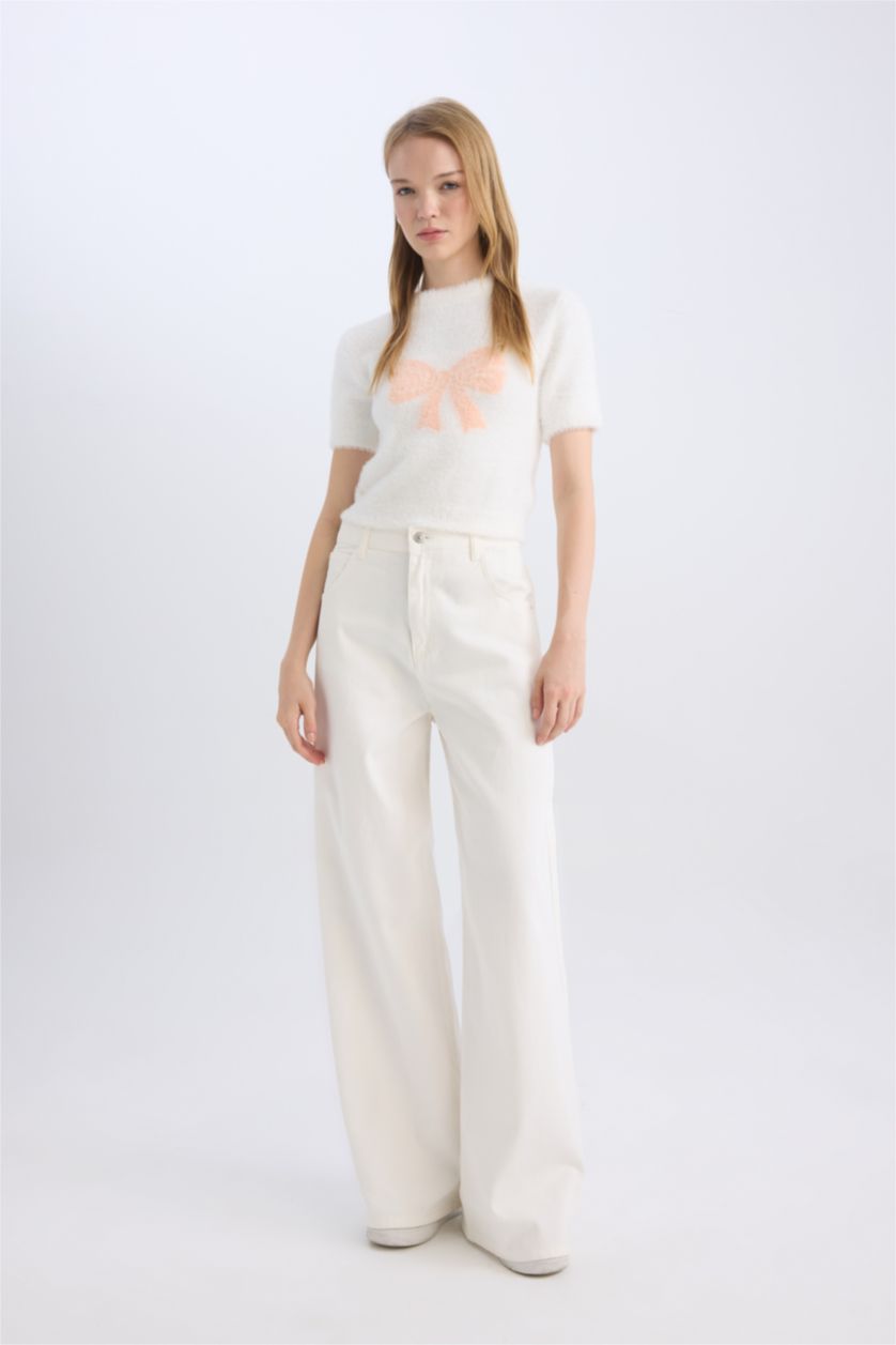 FEMME Écru Pull tricot à col rond et coupe régulière