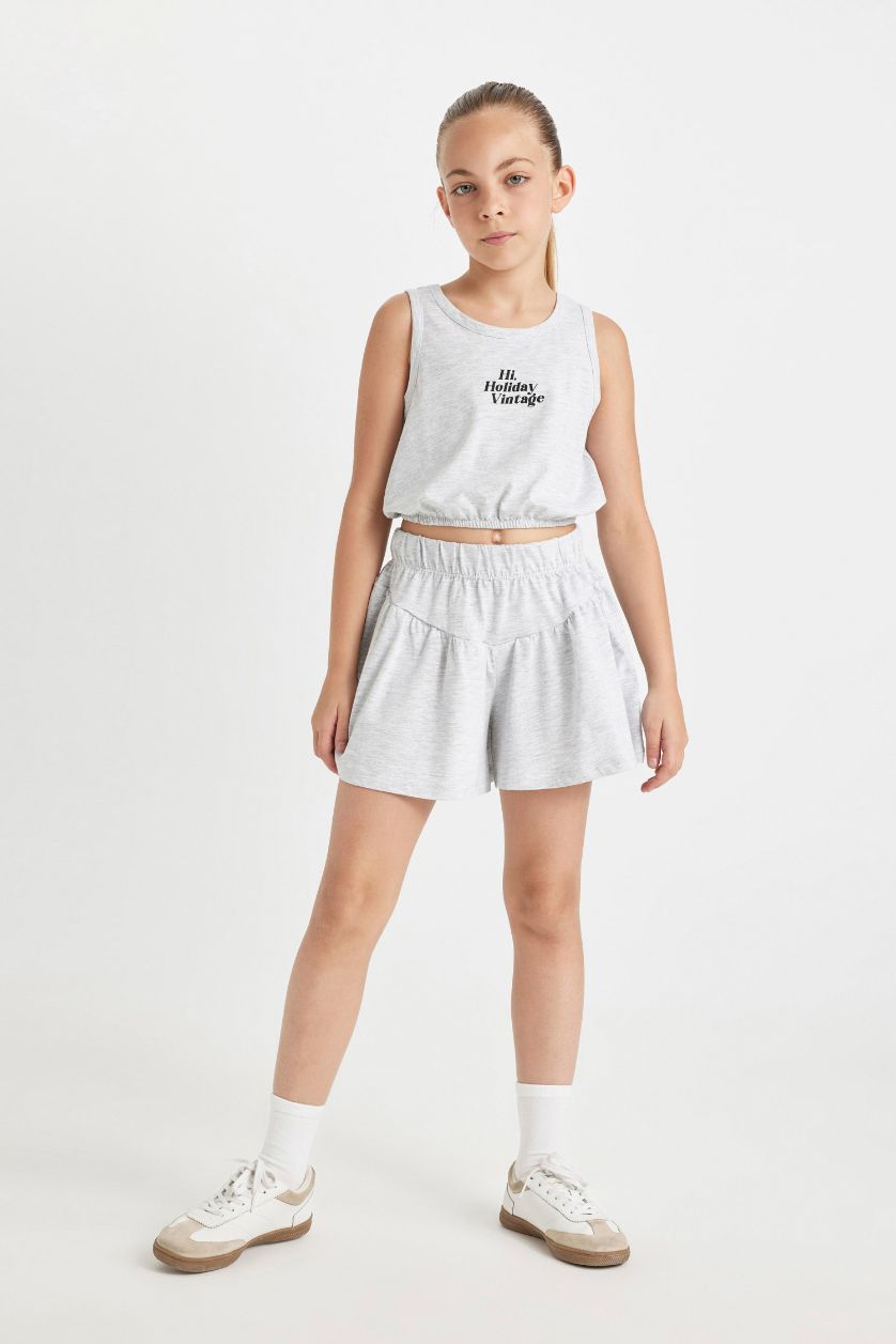 Girls & Teens Grey Melange Girl Printed Sleeveless T-Shirt Shorts 2 Piece Set