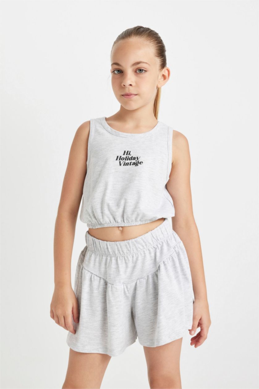 Girls & Teens Grey Melange Girl Printed Sleeveless T-Shirt Shorts 2 Piece Set