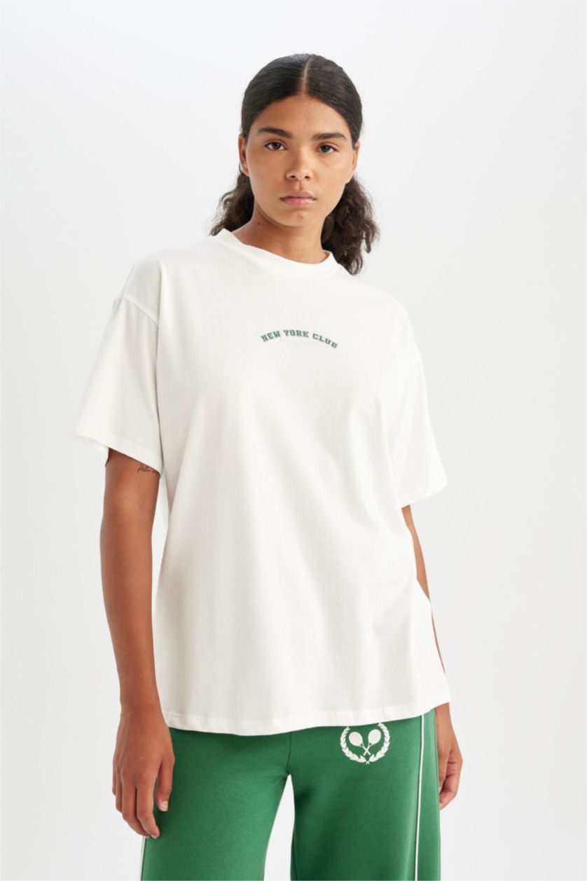 WOMAN Ecru Oversize Slogan Printed Sports T-Shirt