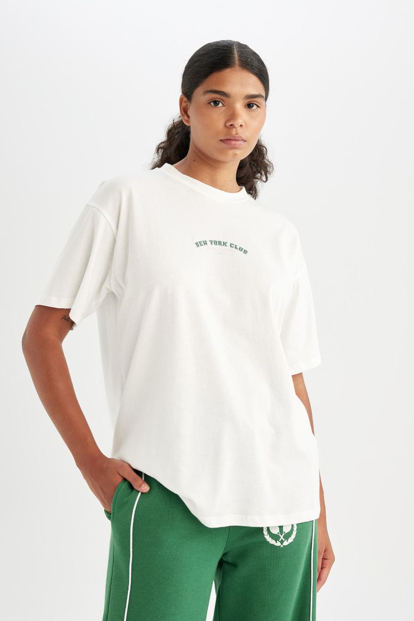 WOMAN Ecru Oversize Slogan Printed Sports T-Shirt