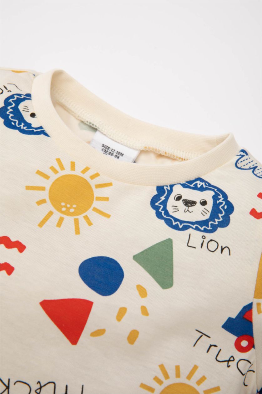 Erkek Bebek Ekru Erkek Bebek Pijama Takım Baskılı Penye Uzun Kollu Üst Beli Lastikli Uzun Alt