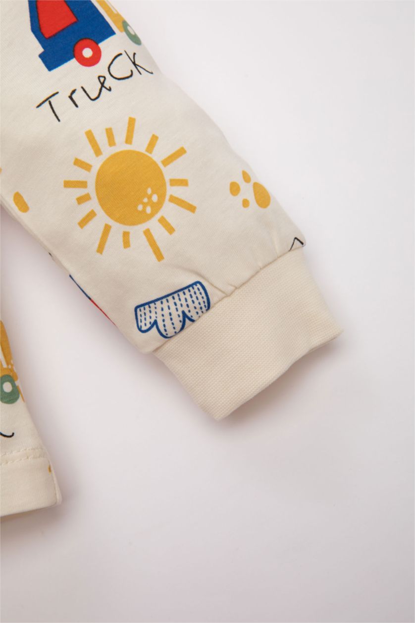 Erkek Bebek Ekru Erkek Bebek Pijama Takım Baskılı Penye Uzun Kollu Üst Beli Lastikli Uzun Alt