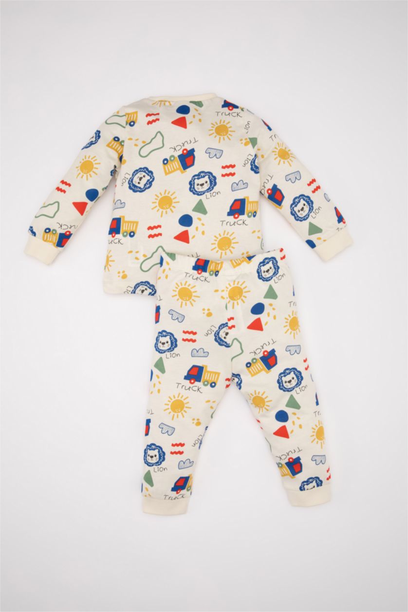 Erkek Bebek Ekru Erkek Bebek Pijama Takım Baskılı Penye Uzun Kollu Üst Beli Lastikli Uzun Alt