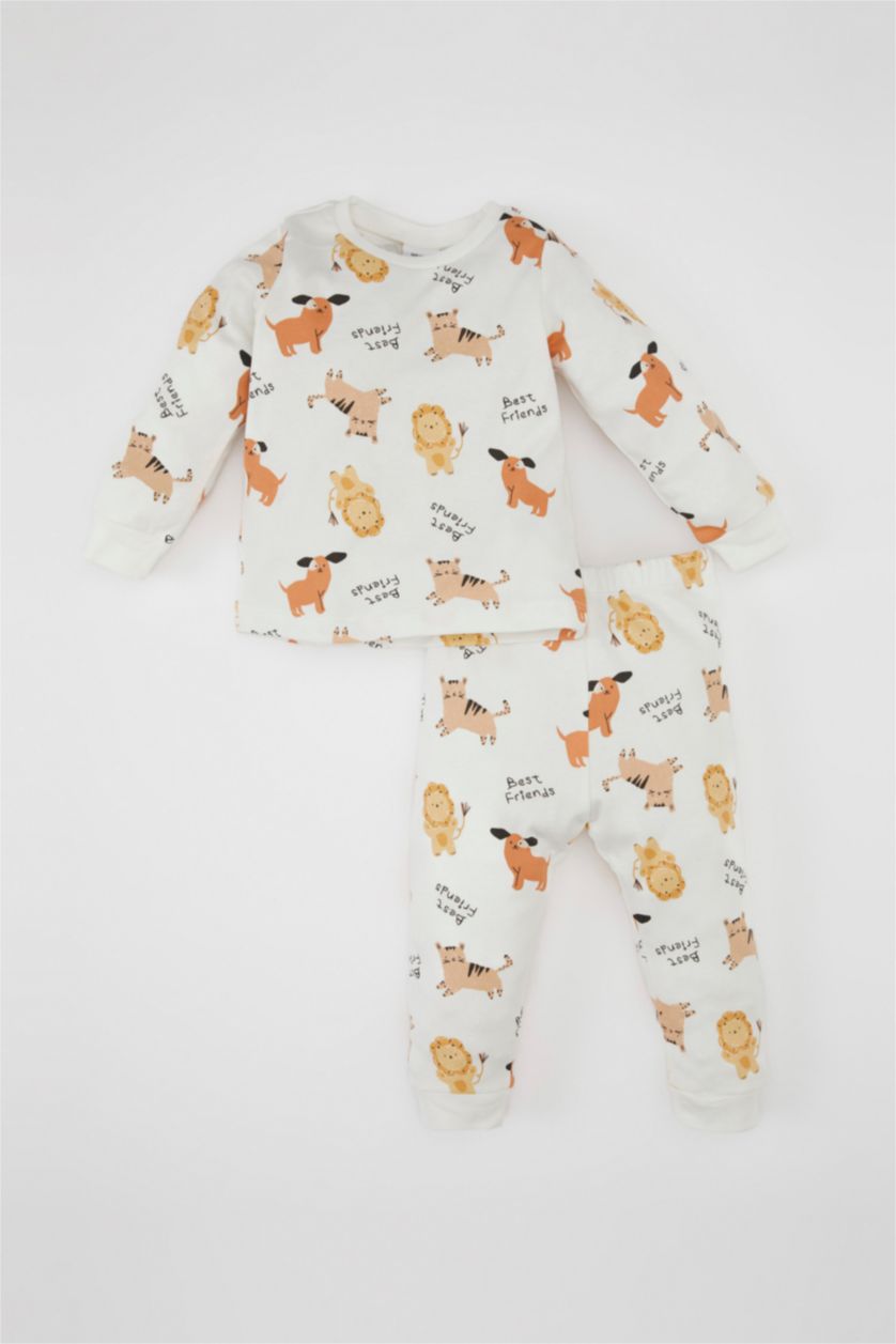 Erkek Bebek Kırık Beyaz Erkek Bebek Pijama Takımı Aslan Baskılı Uzun Kollu Üst Uzun Alt