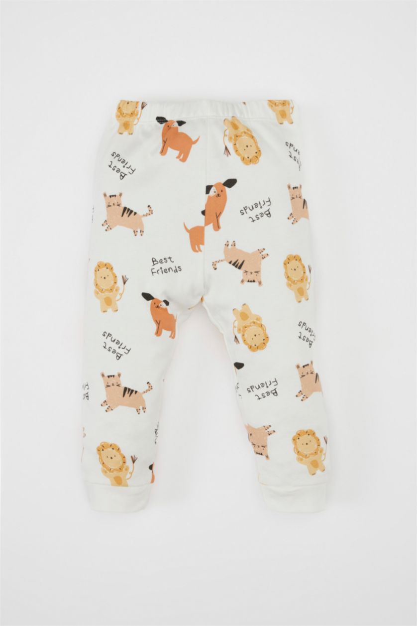 Erkek Bebek Kırık Beyaz Erkek Bebek Pijama Takımı Aslan Baskılı Uzun Kollu Üst Uzun Alt