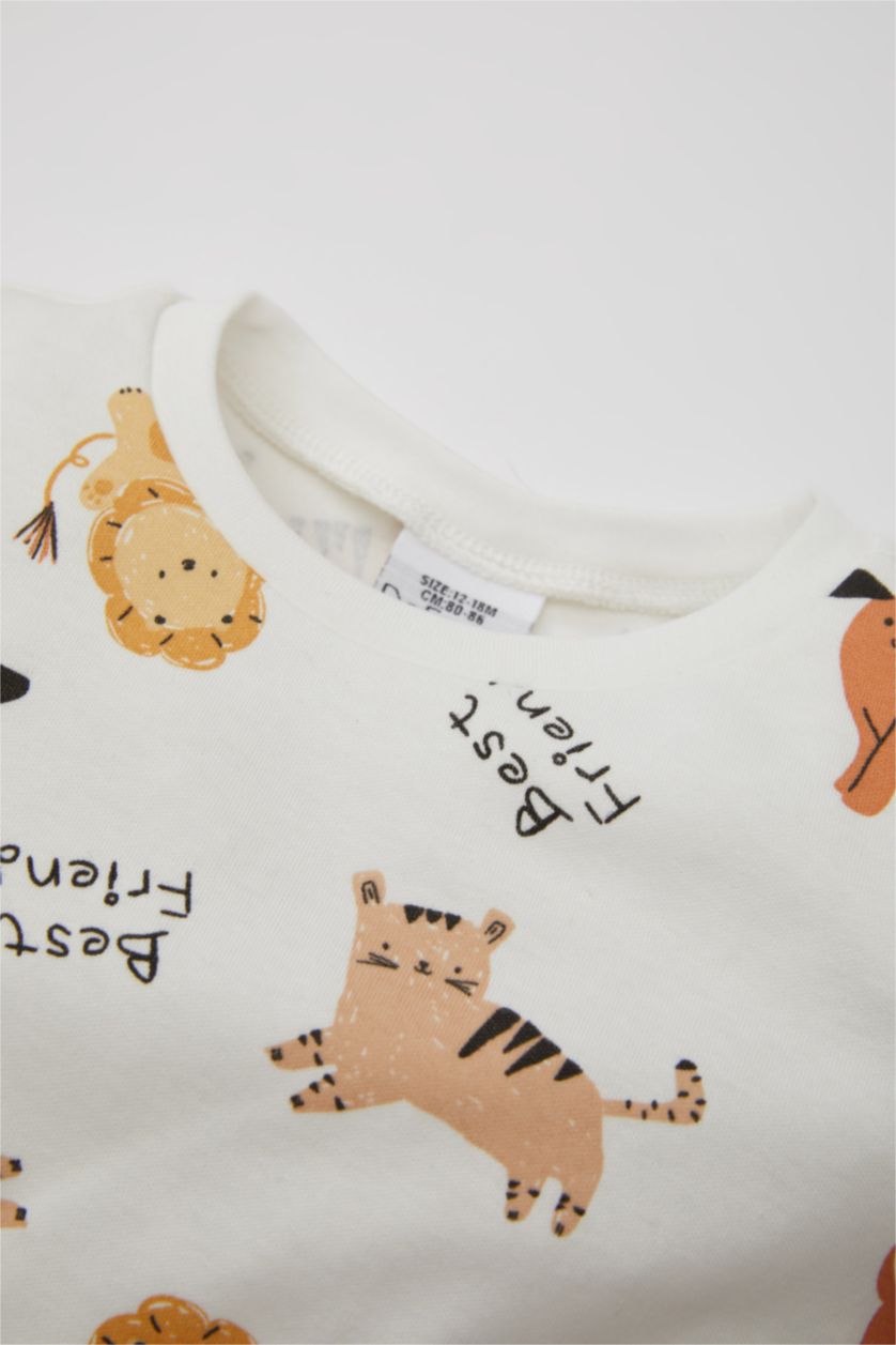 Erkek Bebek Kırık Beyaz Erkek Bebek Pijama Takımı Aslan Baskılı Uzun Kollu Üst Uzun Alt