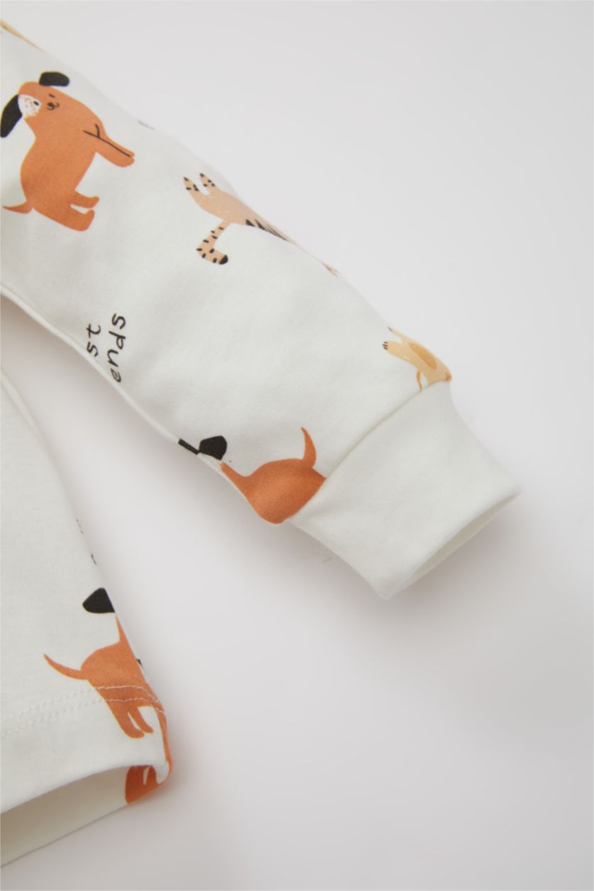 Erkek Bebek Kırık Beyaz Erkek Bebek Pijama Takımı Aslan Baskılı Uzun Kollu Üst Uzun Alt