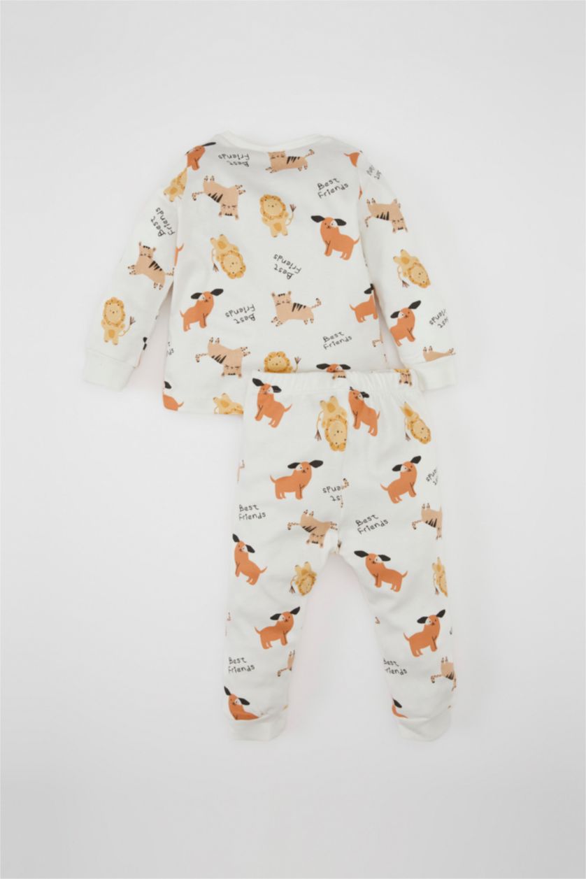 Erkek Bebek Kırık Beyaz Erkek Bebek Pijama Takımı Aslan Baskılı Uzun Kollu Üst Uzun Alt