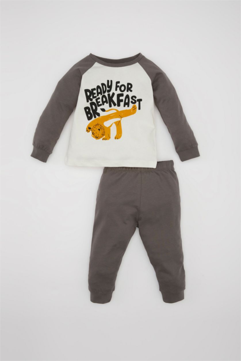 Erkek Bebek Koyu Gri Erkek Bebek Pijama Takımı Aslan Baskılı Penye Uzun Kollu Üst Uzun Alt