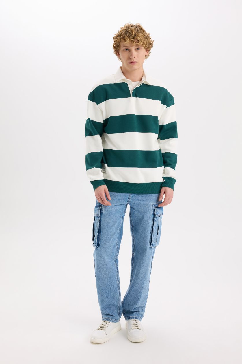 HOMME Vert Foncé Sweatshirt rayé à col Polo Coupe Boxy