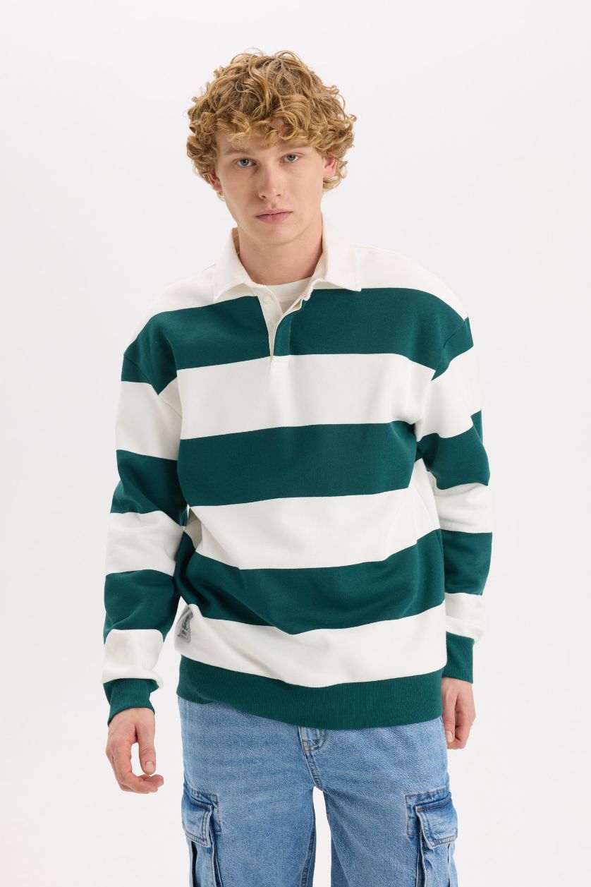 HOMME Vert Foncé Sweatshirt rayé à col Polo Coupe Boxy