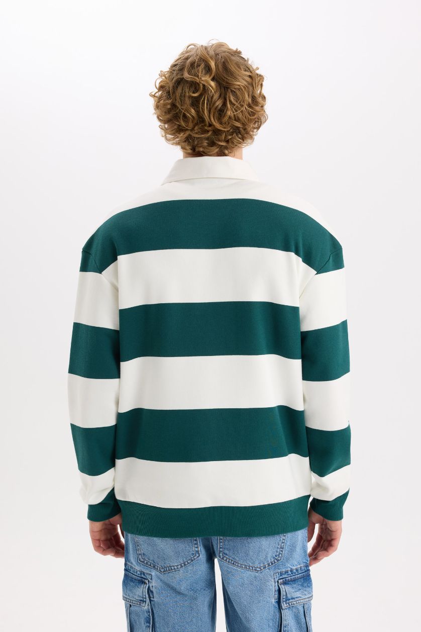 HOMME Vert Foncé Sweatshirt rayé à col Polo Coupe Boxy