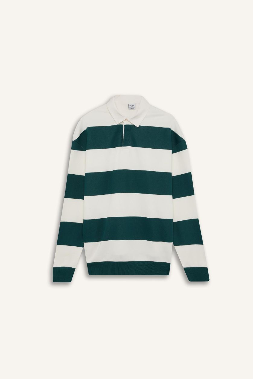 HOMME Vert Foncé Sweatshirt rayé à col Polo Coupe Boxy