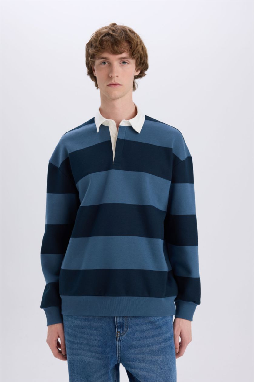 رجال نيلي فاتح سويت شيرت مخطط أوفر سايز بياخة بولو