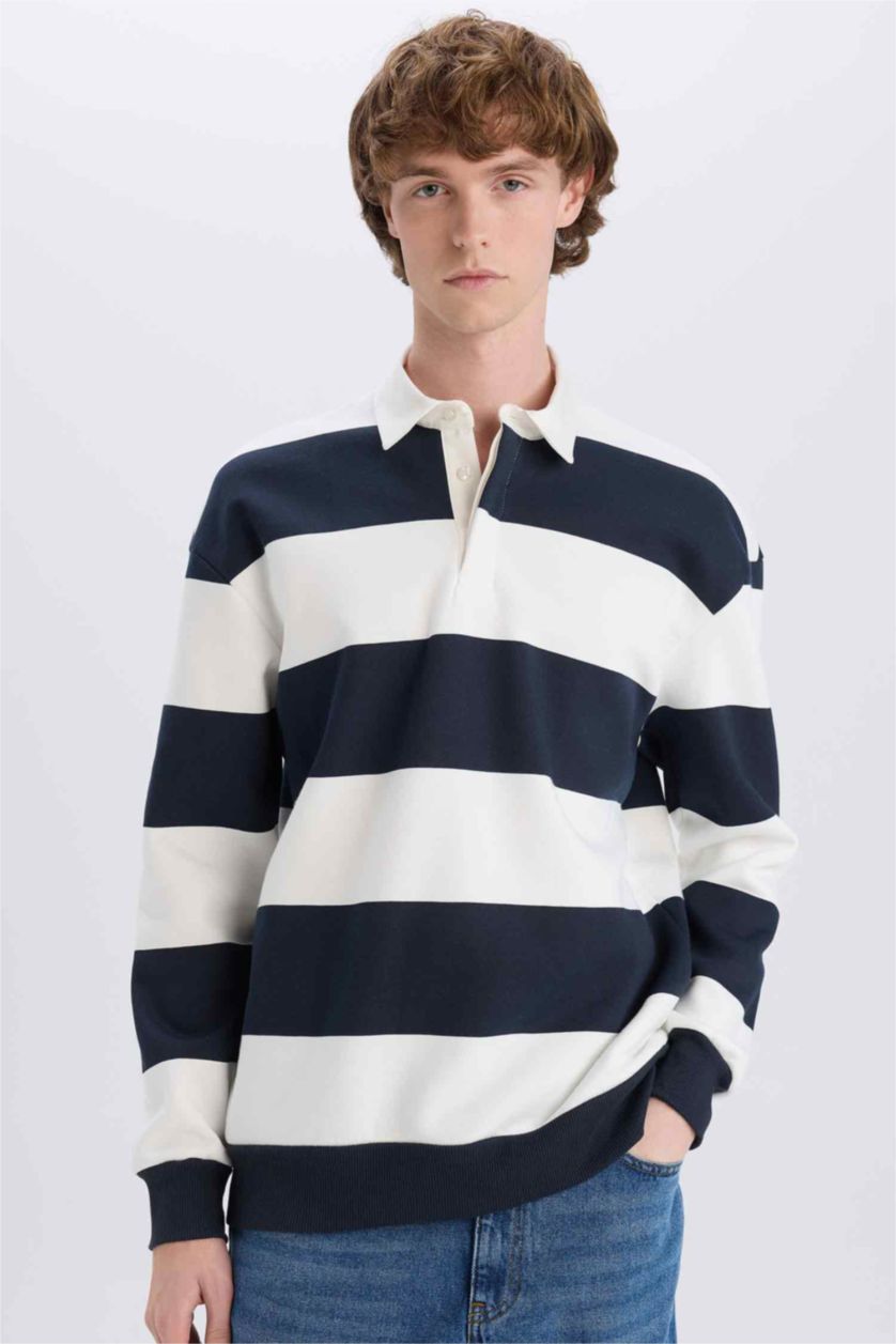 رجالي كحلي سويت شيرت مخطط أوفر سايز بياقة بولو