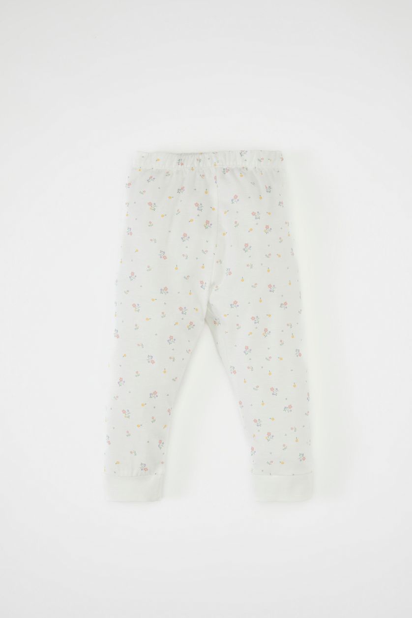 Kız Bebek Ekru Kız Bebek Pijama Takımı Çiçekli Penye Uzun Kollu Üst Uzun Alt