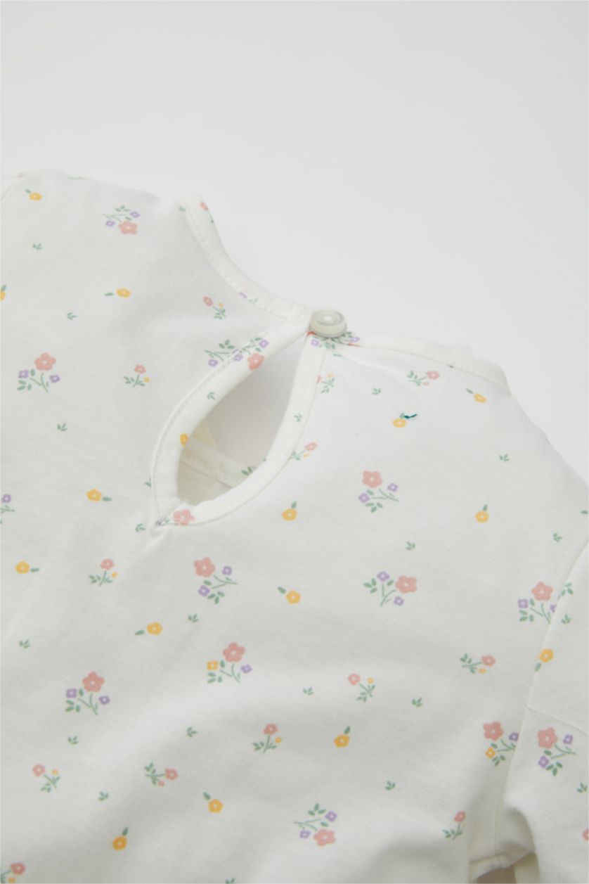 Kız Bebek Ekru Kız Bebek Pijama Takımı Çiçekli Penye Uzun Kollu Üst Uzun Alt