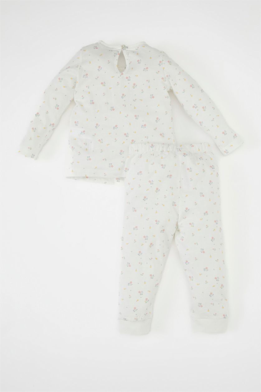 Kız Bebek Ekru Kız Bebek Pijama Takımı Çiçekli Penye Uzun Kollu Üst Uzun Alt