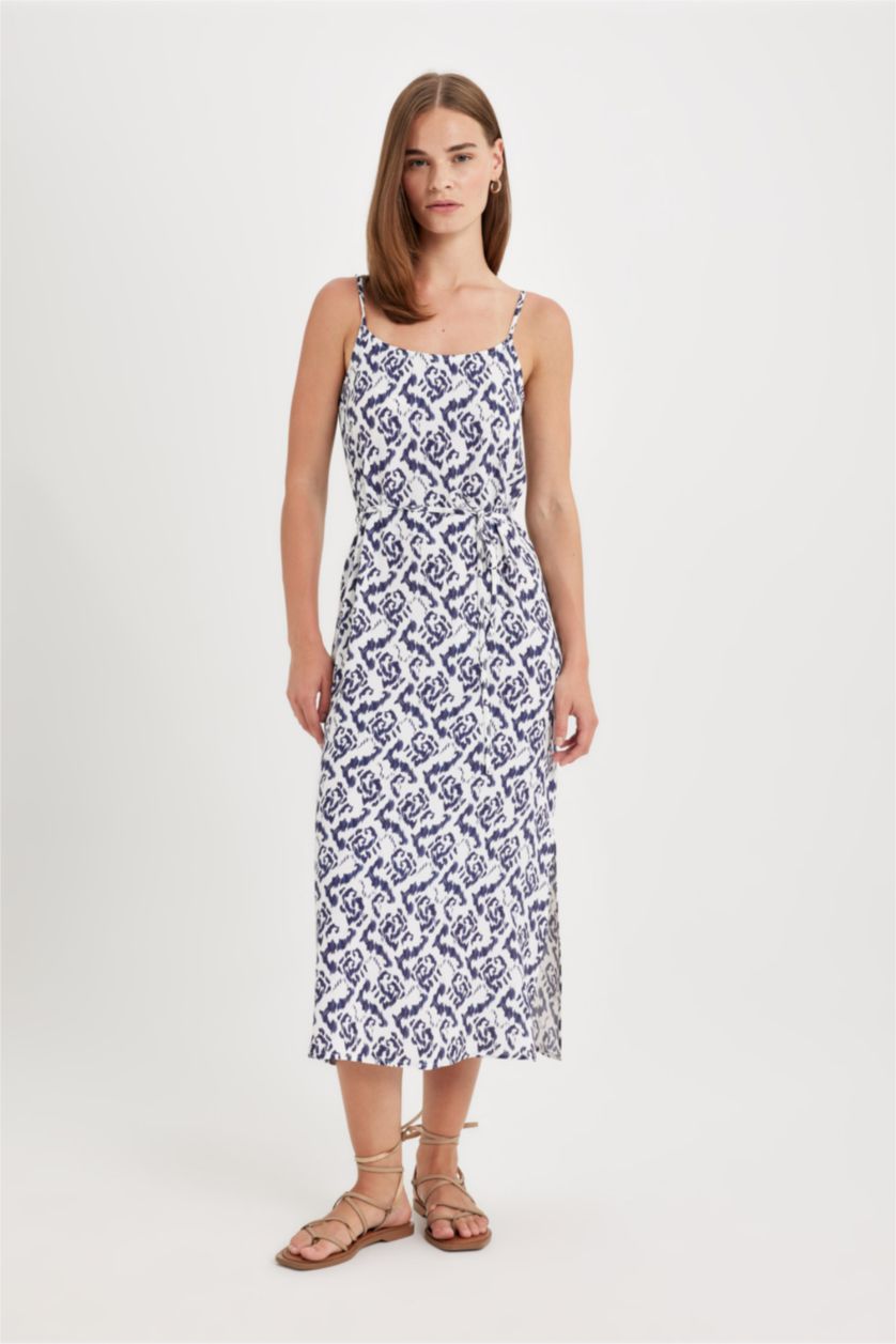 WOMAN Ecru Round Collar Patterned Suspender Midi Dress