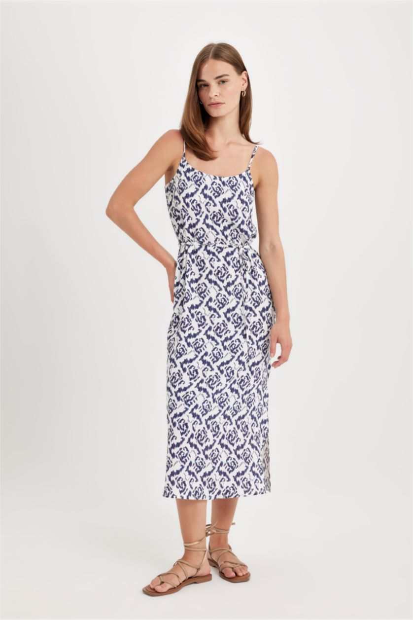 WOMAN Ecru Round Collar Patterned Suspender Midi Dress