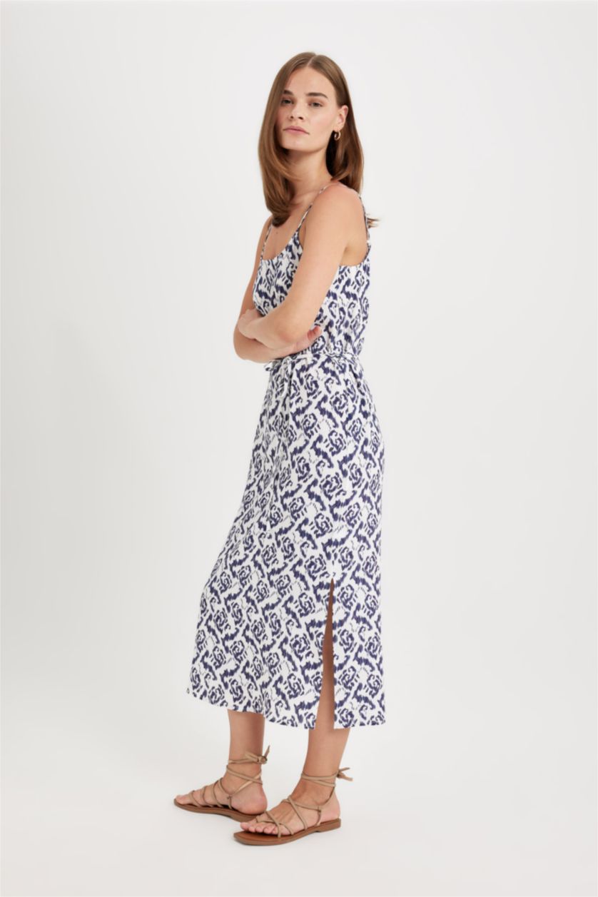 WOMAN Ecru Round Collar Patterned Suspender Midi Dress